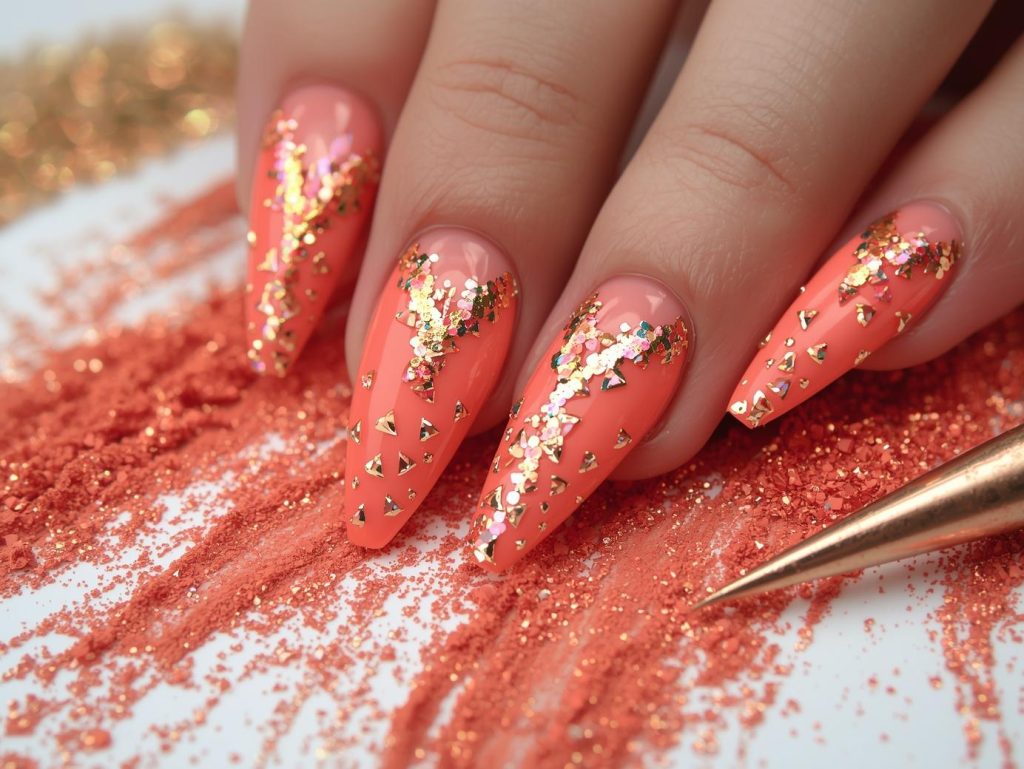 Glossy coral gold chrome DIY acrylic nail art with coral base.