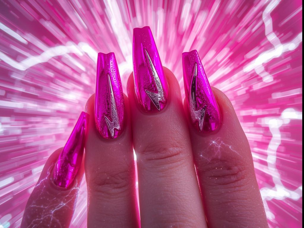 Hot Pink Nail Designs: Bold and Pinterest-Worthy Manicures to Obsess Over 5 Vibrant hot pink chrome lightning bolt nail art with hot pink base.