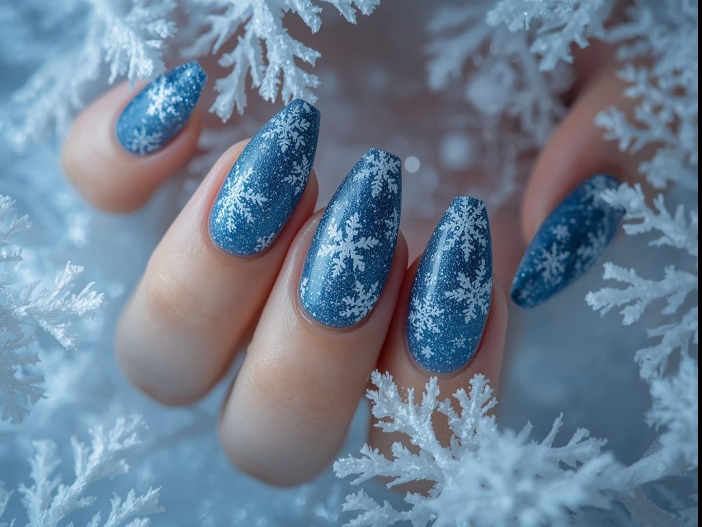 Shimmering icy blue frosted nail art with snowflake patterns.