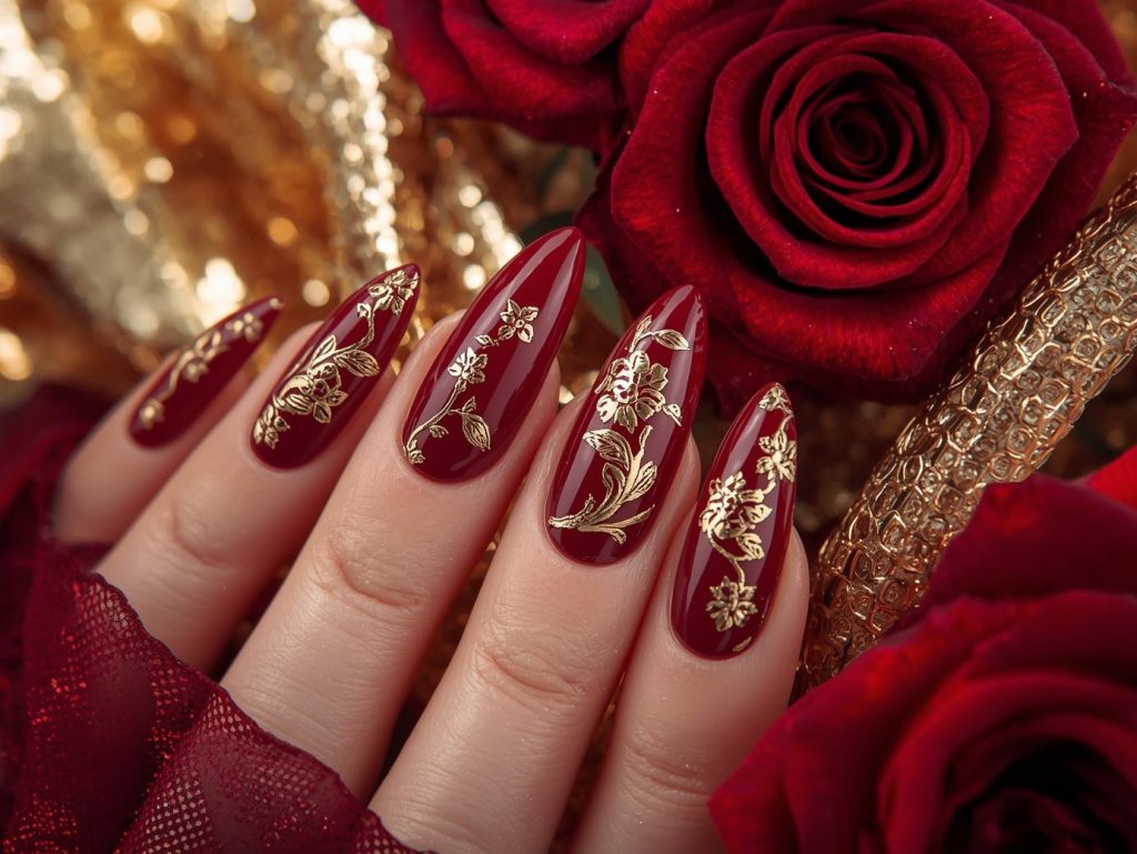 Deep burgundy gold foil floral nail art with burgundy base.