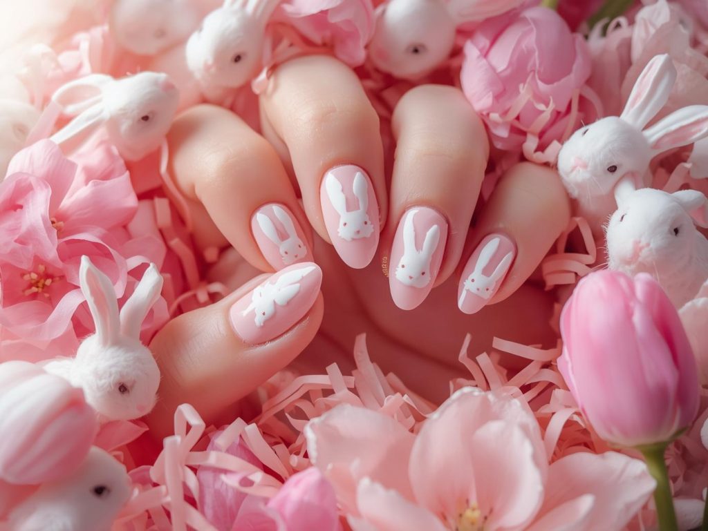 Easter Nail Designs: Playful and Pinterest-Worthy Manicures to Adore 5 Soft pastel pink white bunny nail art with pastel pink base.