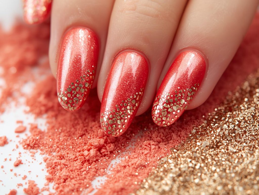 Glossy coral gold glitter dip powder nail art with coral base