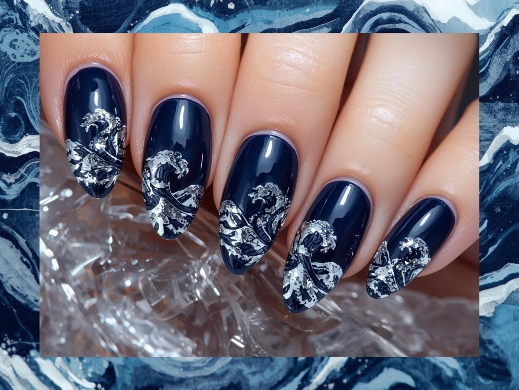 Rich navy blue silver foil wave nail art with navy blue base.