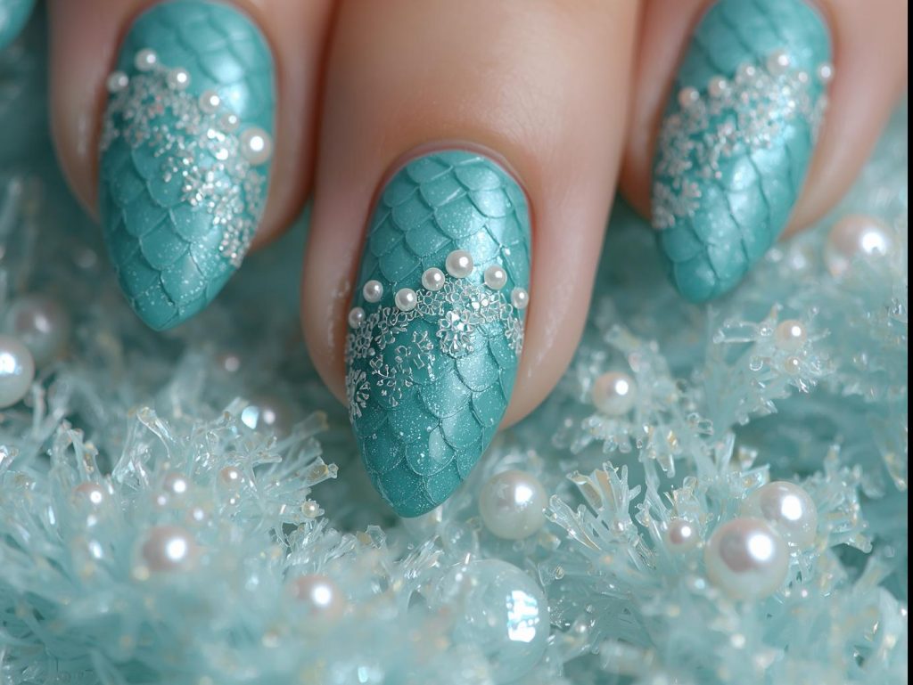 Mermaid Nail Designs: Enchanting and Pinterest-Worthy Manicures to Adore 5 Shimmering teal and aqua scale mermaid nail art with pearl accents.