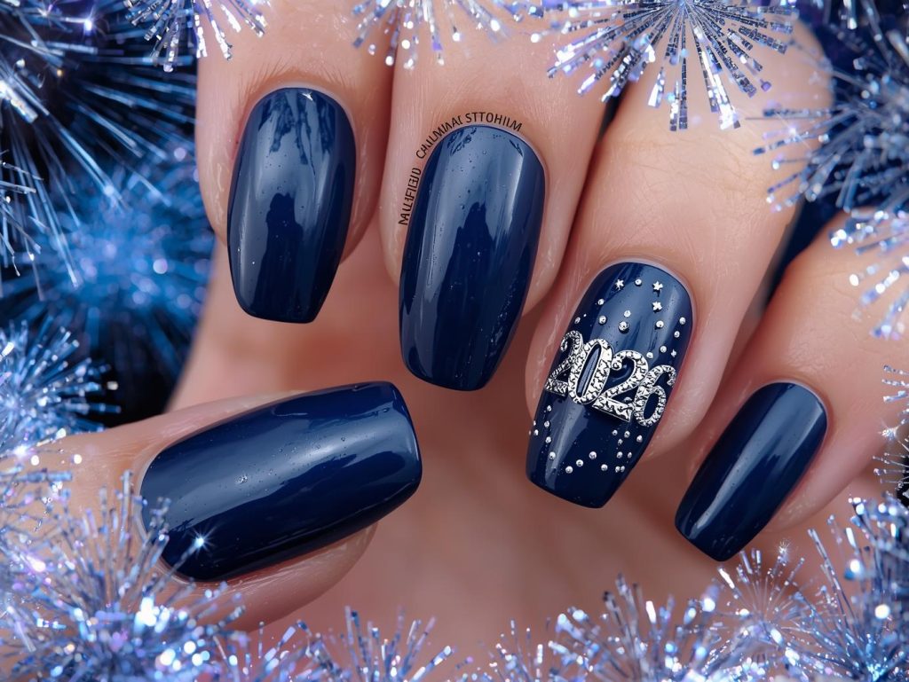 Midnight blue silver 2026 numeral nail art with midnight blue base.