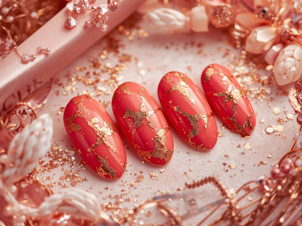 Glossy coral gold foil press on nail art with coral base.