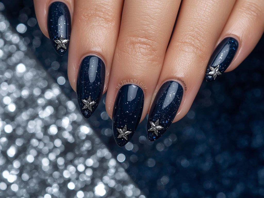 Navy Nail Designs: Bold and Pinterest-Worthy Manicures to Adore 5 Rich navy silver foil star nail art with navy base.