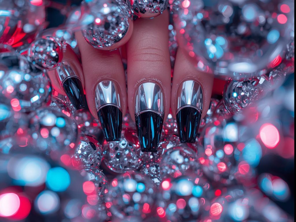  Sleek chrome silver mirror nail art with bold black base.