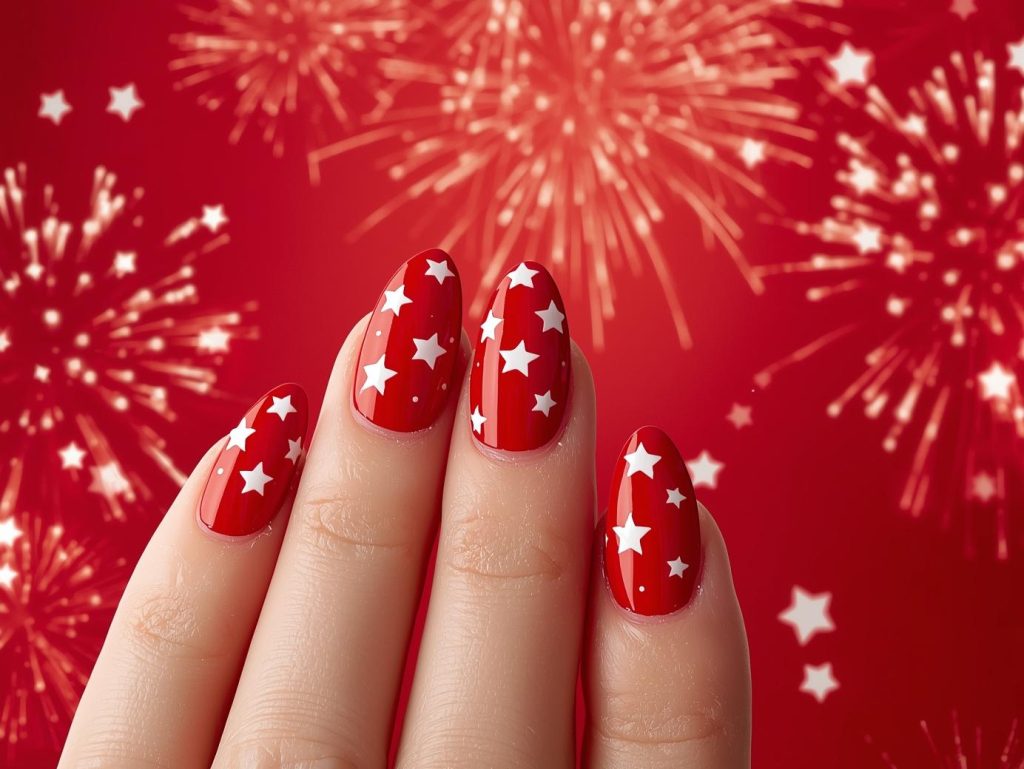 Bold red white star nail art with red base