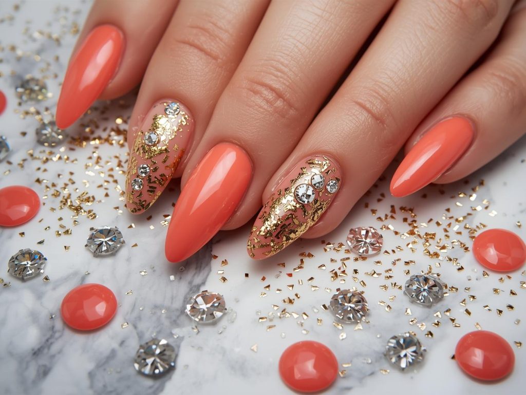 Nail Salon Inspiration: Stunning and Pinterest-Worthy Manicures to Adore 5 Glossy coral gold foil and gemstone nail salon art with coral base.