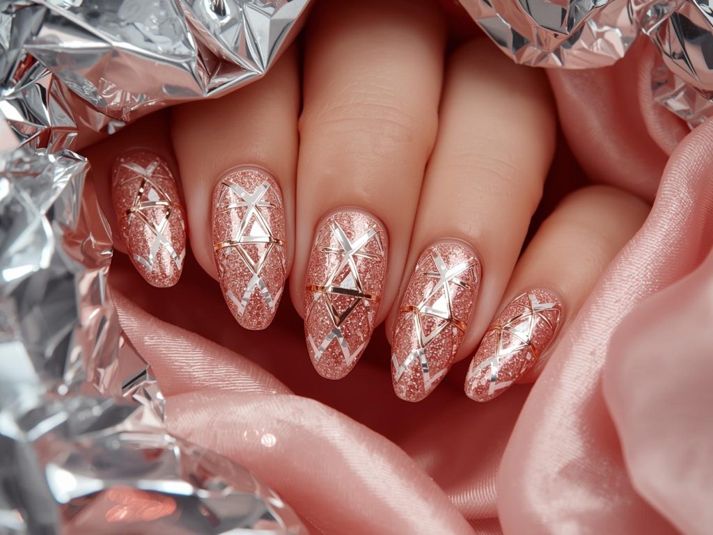 Shimmering rose gold silver foil geometric nail art with rose gold base.