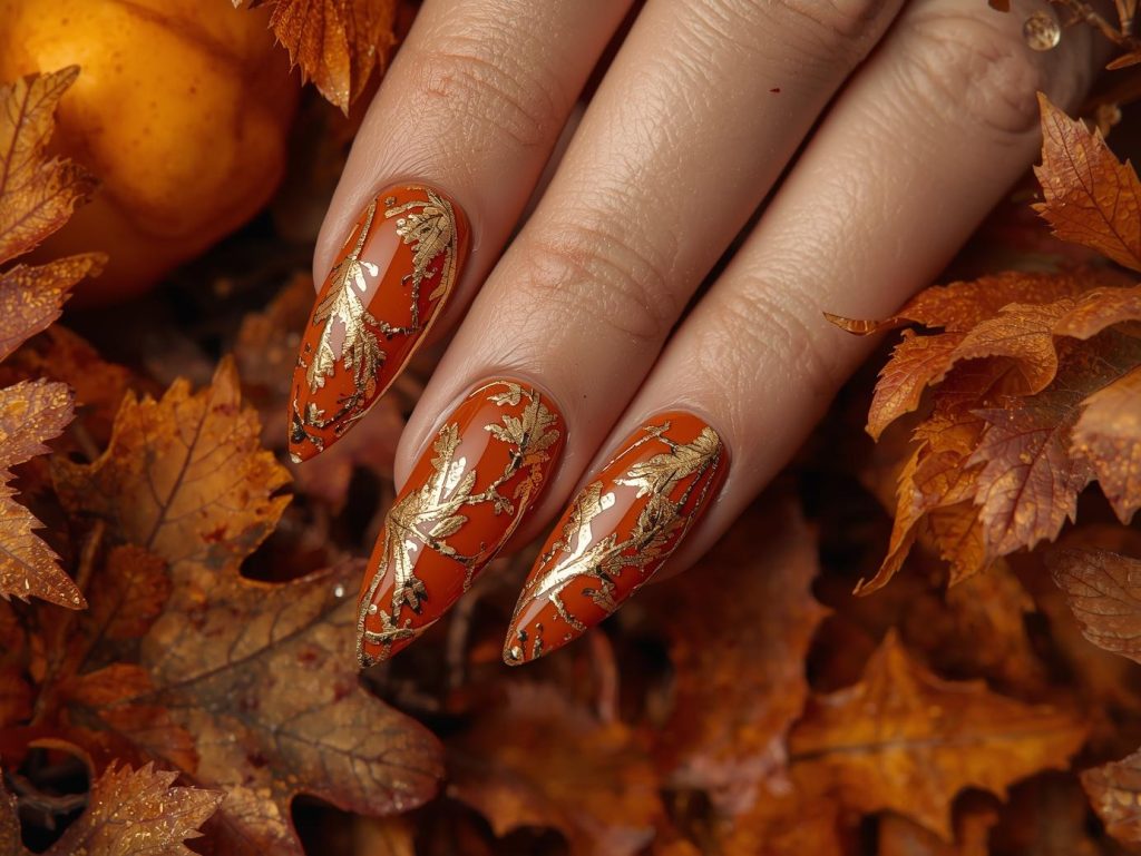 Fall Leaves Nail Art: Cozy and Pinterest-Worthy Manicures to Adore 5 Warm burnt orange gold foil leaf nail art with burnt orange base.
