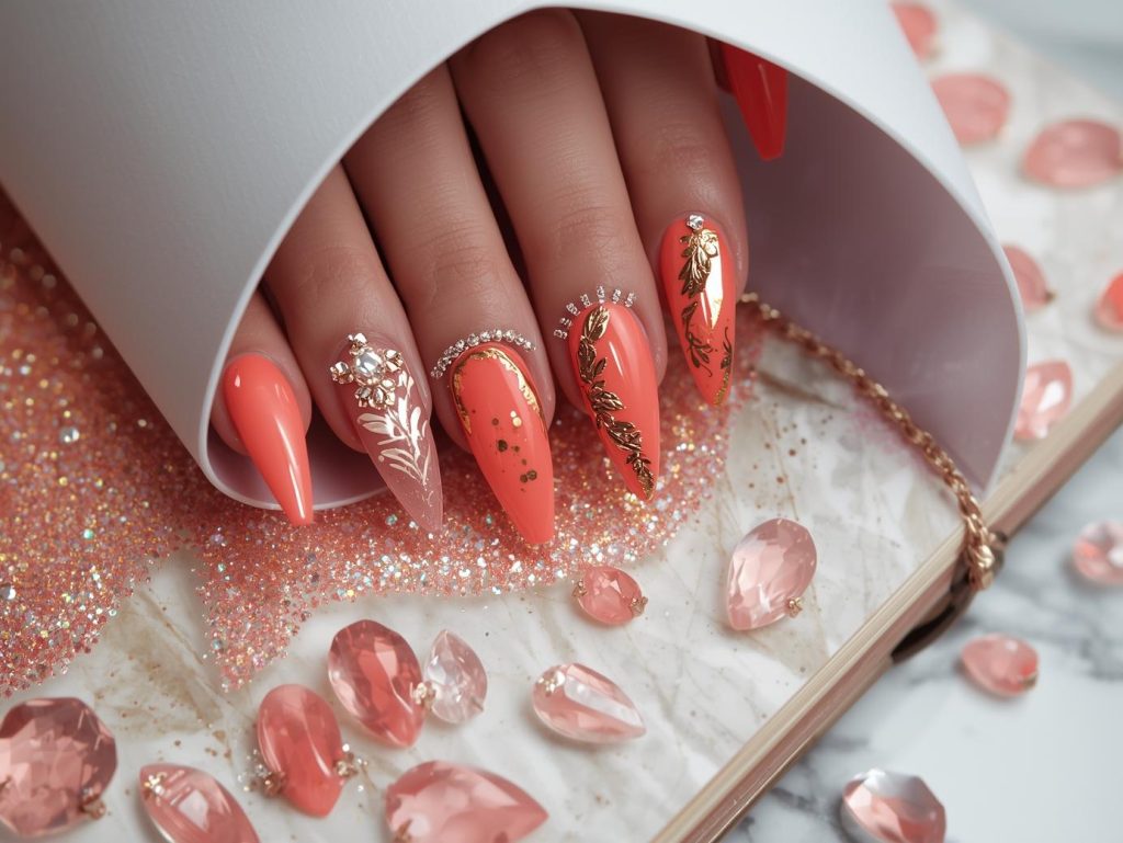 Glossy coral gold foil and gemstone nail art in a nail artist portfolio.