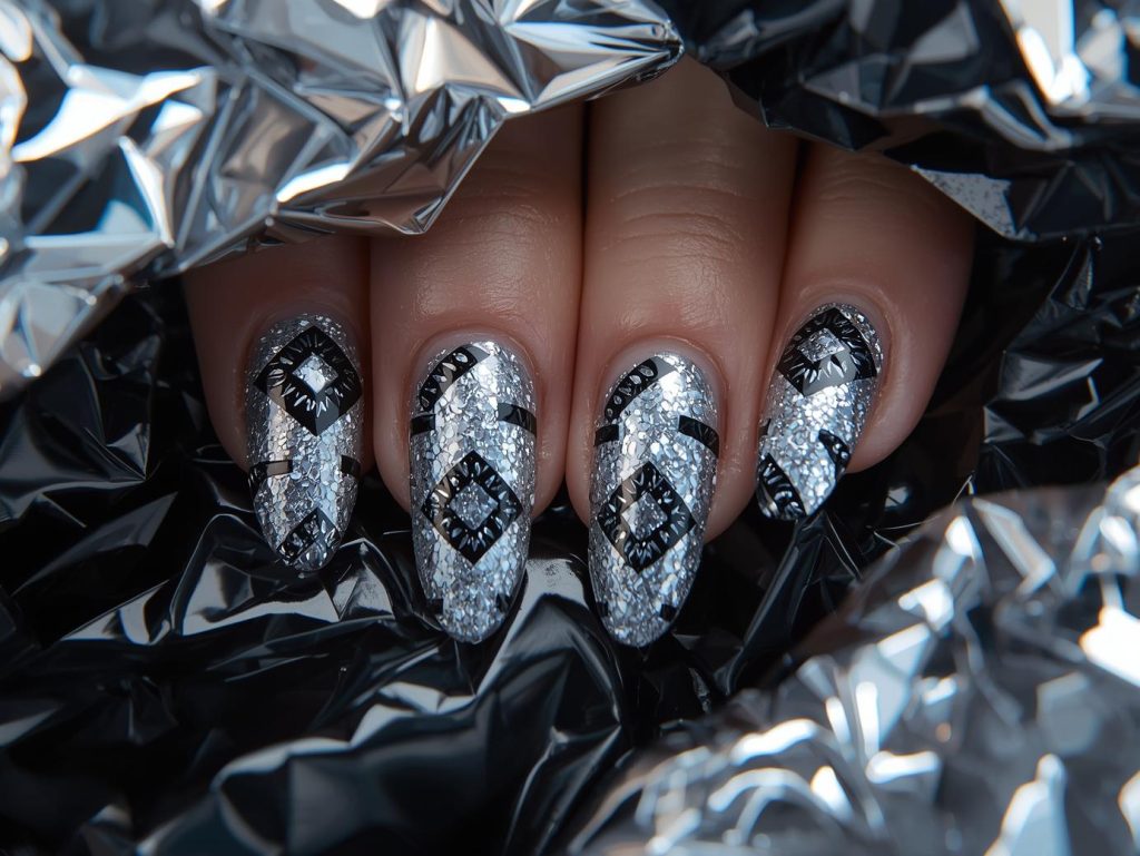 Metallic Silver Nail Designs: Sleek and Pinterest-Worthy Manicures to Adore 5 Shimmering silver black geometric foil nail art with silver base.