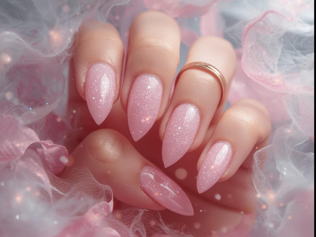  Ethereal pastel pink fairy dust nail art with iridescent shimmer.