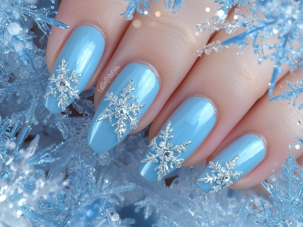 Snowflake Nail Designs: Wintry and Pinterest-Worthy Manicures to Adore 5 Icy blue silver snowflake nail art with icy blue base.