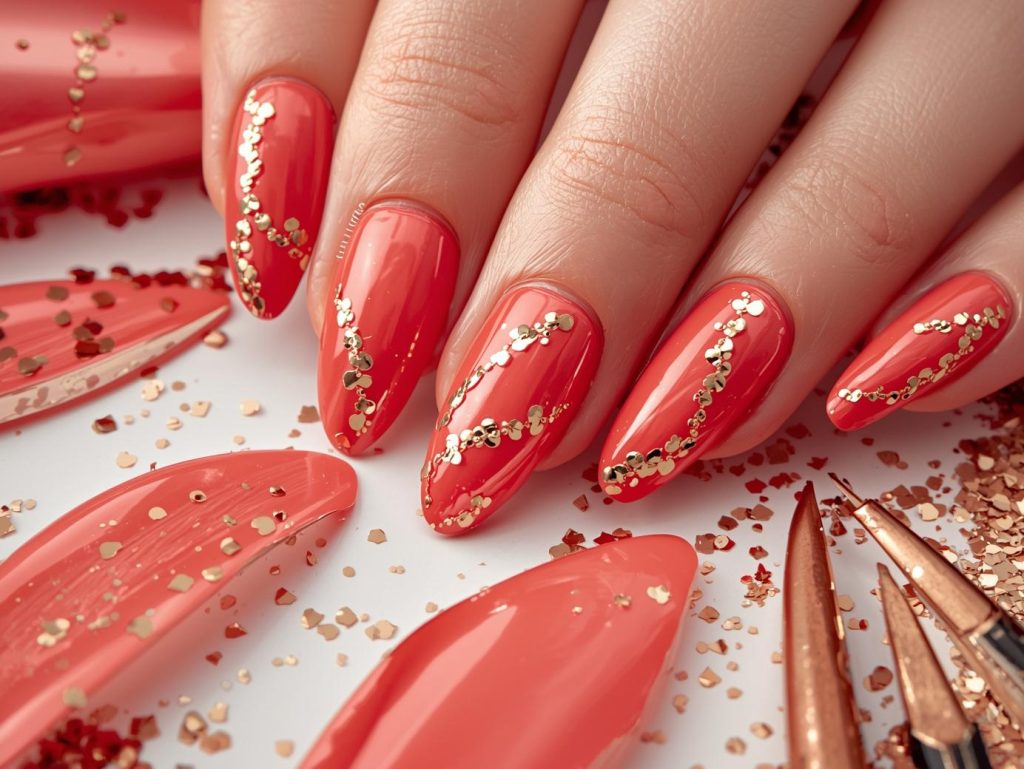 Glossy coral gold foil manicure with coral base.