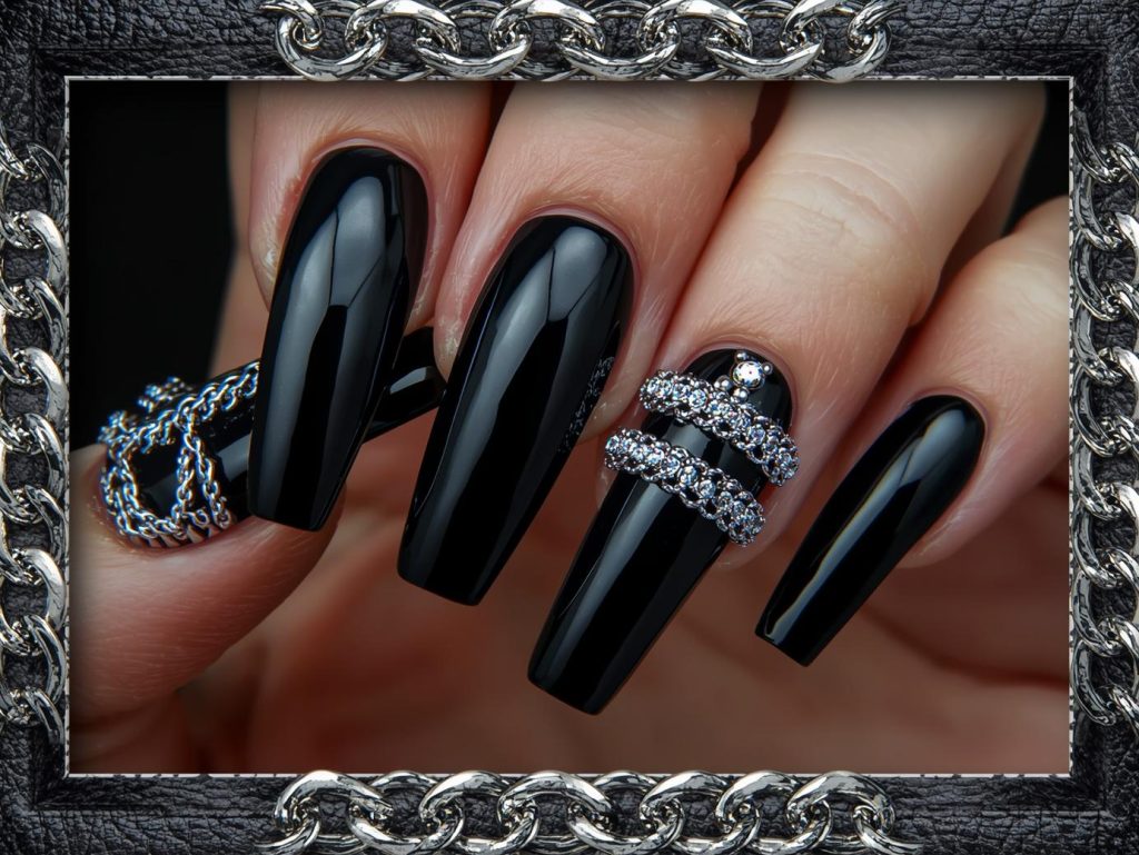 Jet black chrome silver chain nail art with black base.