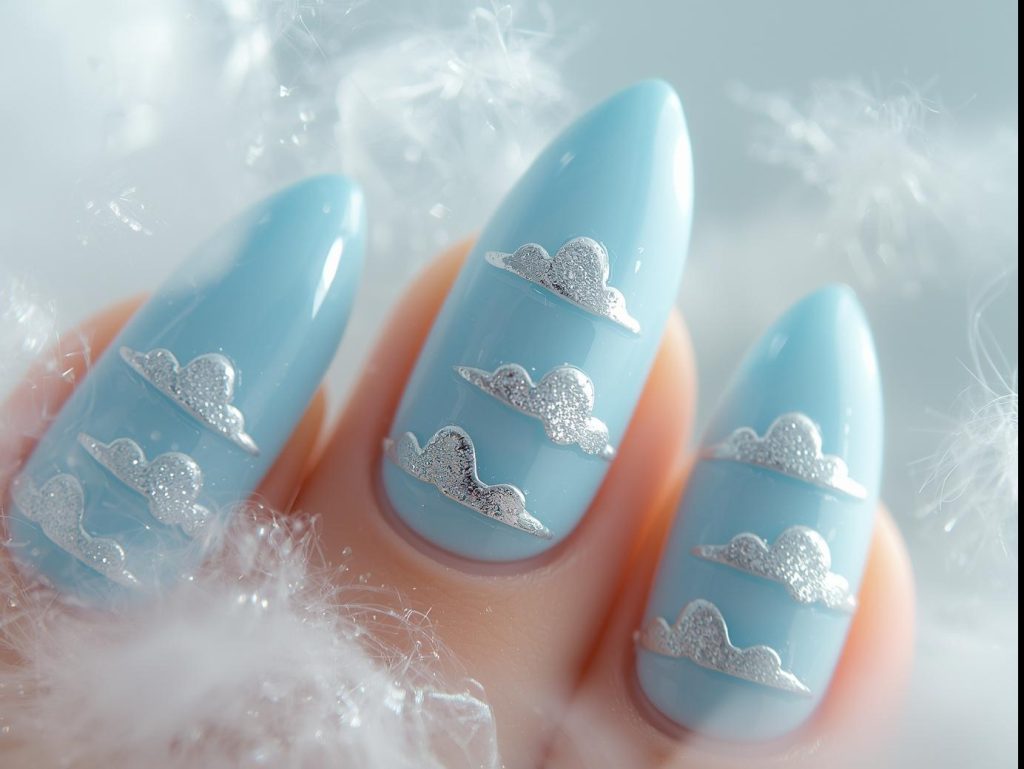 Sky Blue Nail Designs: Serene and Pinterest-Worthy Manicures to Adore 5 Soft sky blue silver cloud nail art with sky blue base.
