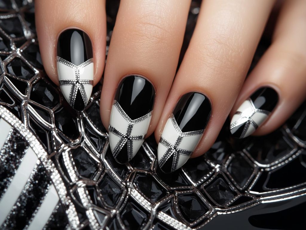 Glossy black and white color block nail art with silver accents.
