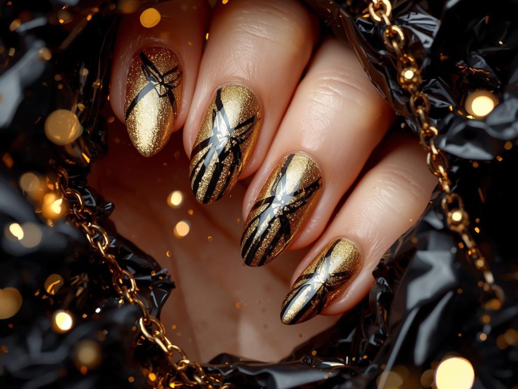 Metallic Gold Nail Designs: Opulent and Pinterest-Worthy Manicures to Adore 5 Shimmering gold black foil geometric nail art with gold base.