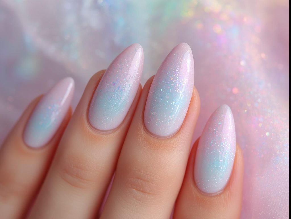 Shimmering pastel rainbow ombre unicorn nail art with holographic sparkles.