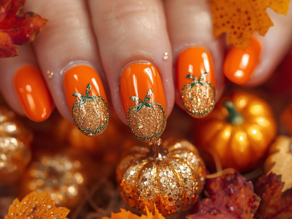 Warm orange gold glitter pumpkin nail art with orange base.