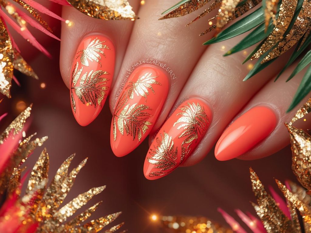  Neon coral gold foil palm leaf nail art with coral base.