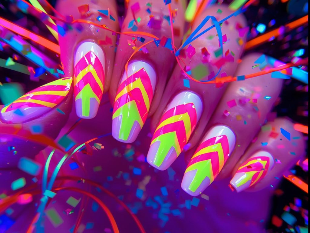 Colorful Nail Designs: Vibrant and Pinterest-Worthy Manicures to Obsess Over 5 Bold neon rainbow chevron colorful nail art with glossy white base.