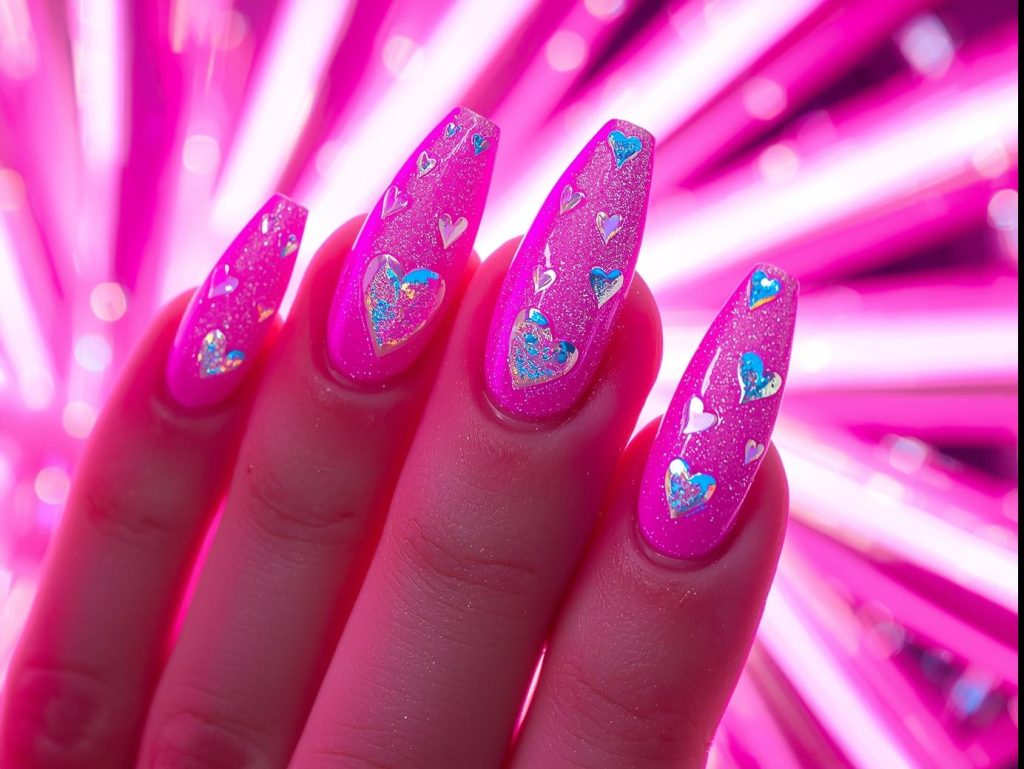 Electric neon pink holographic heart nail art with neon pink base.