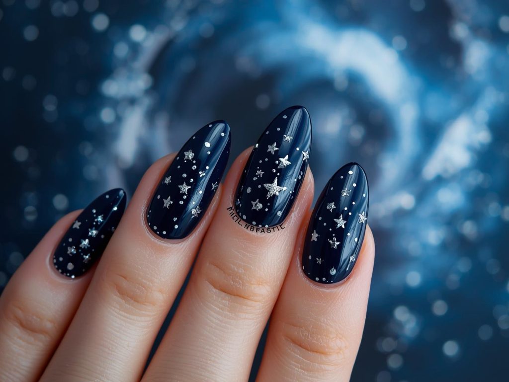 Midnight blue silver star nail art with midnight blue base.
