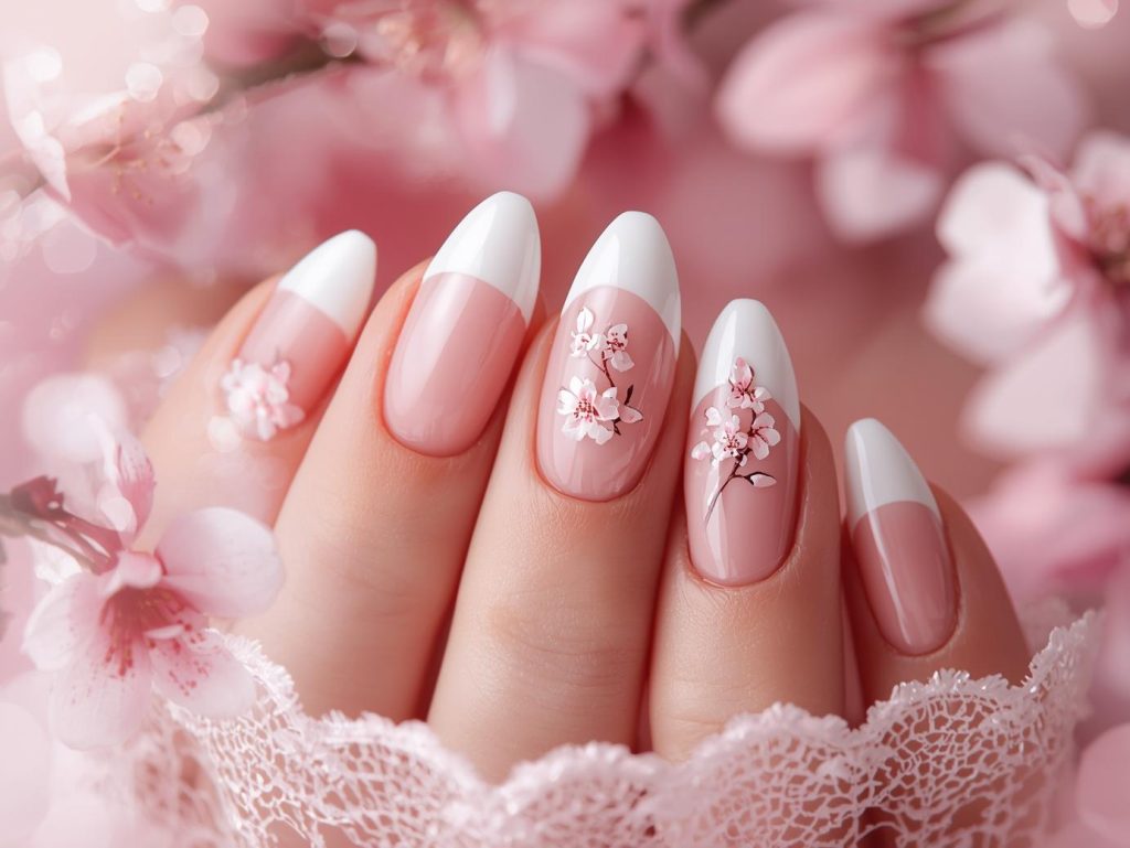  Classic white tips soft pink floral nail art with nude base.