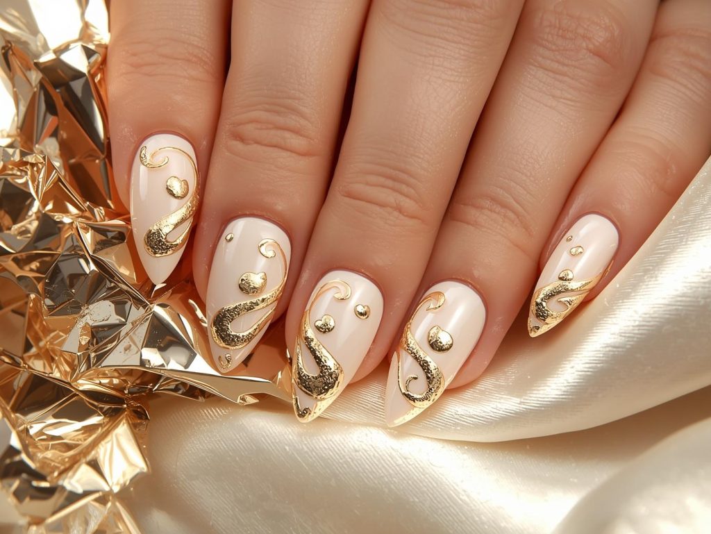 Soft ivory gold foil swirl nail art with ivory base.