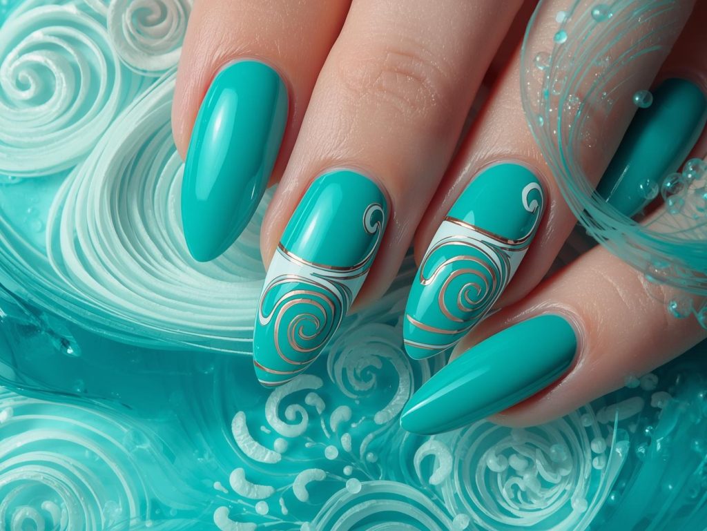 Vibrant teal white swirl nail art with teal base.