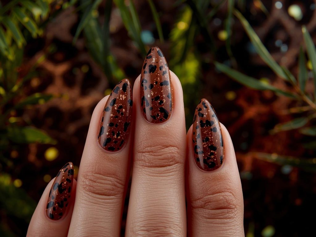 Rich brown black leopard nail art with brown base.