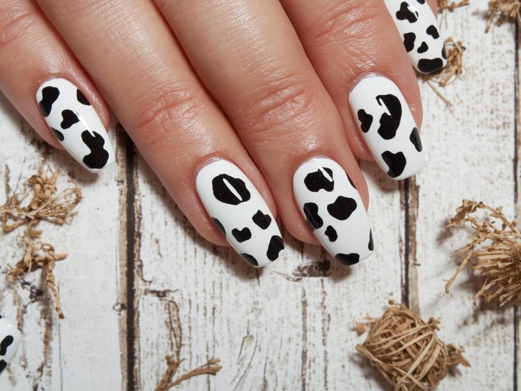 Cow Print Nail Designs: Playful and Pinterest-Worthy Manicures to Adore 5 Glossy white black cow nail art with white base.
