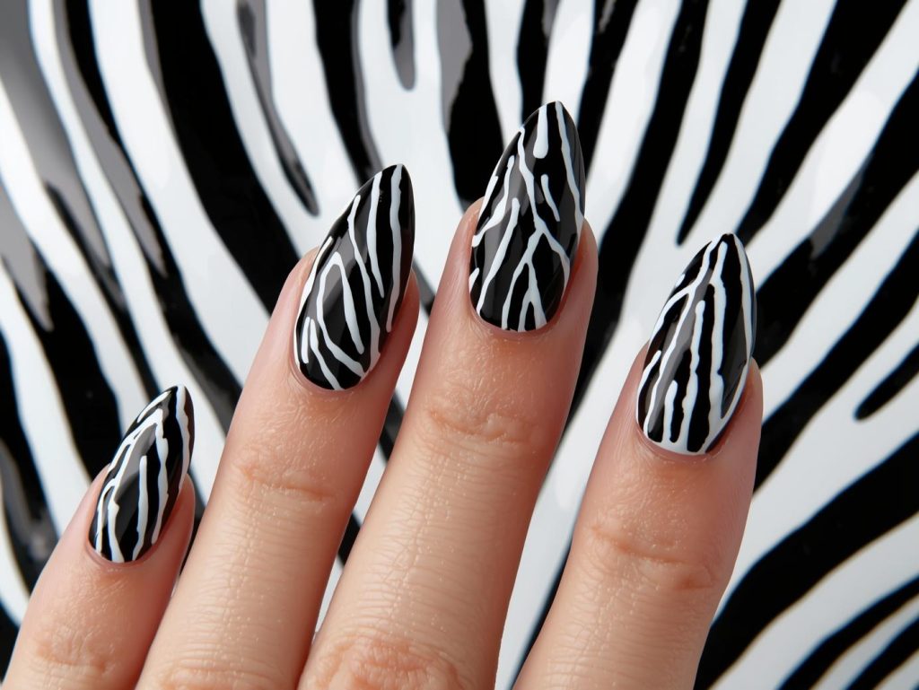 Zebra Print Nail Designs: Bold and Pinterest-Worthy Manicures to Adore 5 Glossy black white zebra nail art with black base.