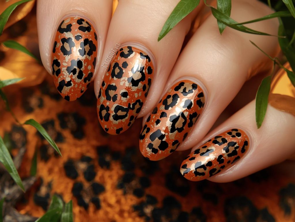 Rich caramel black and bronze leopard nail art with caramel base.