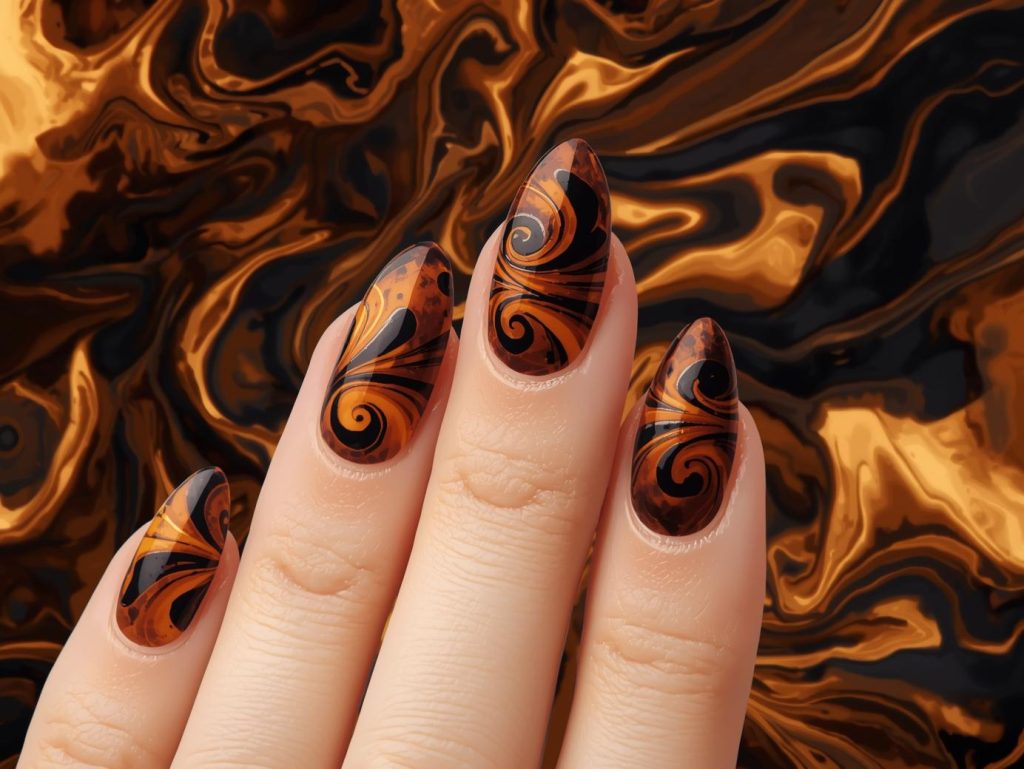  Rich amber black and caramel tortoise nail art with amber base.