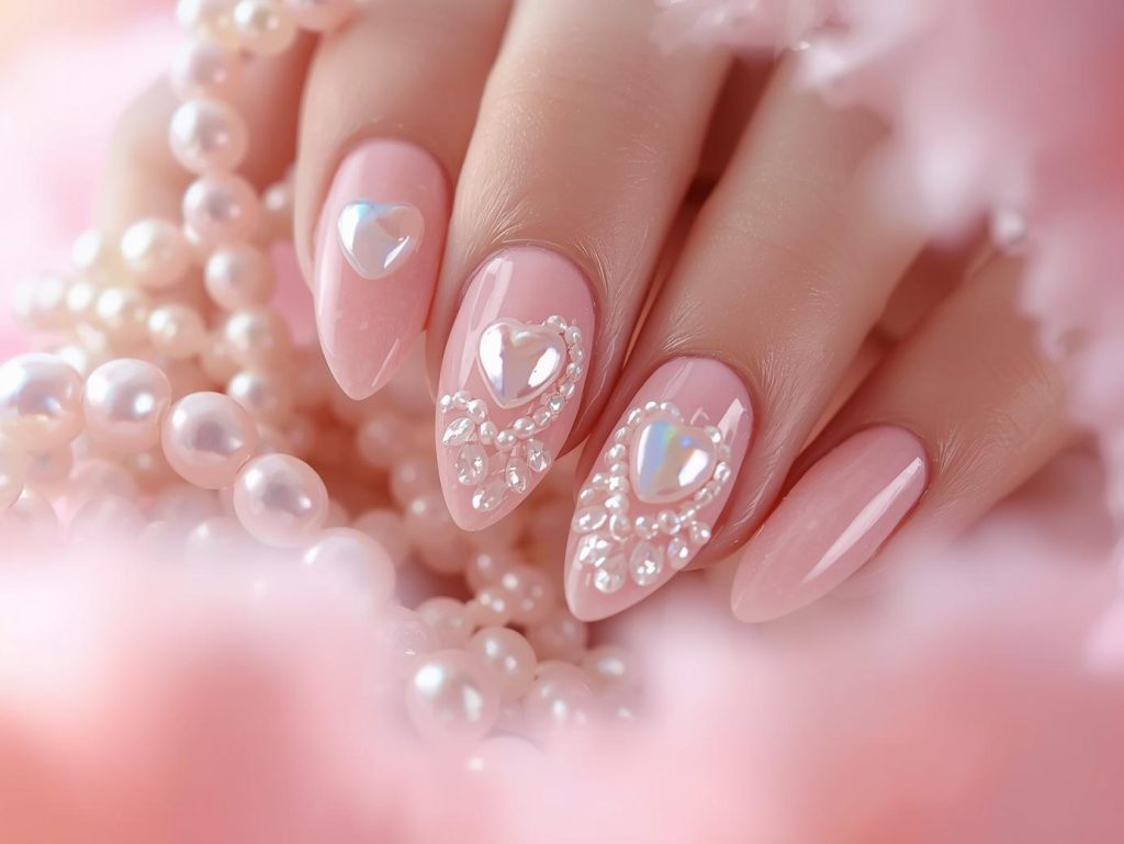 Soft Girl Nail Designs: Dreamy and Pinterest-Worthy Manicures to Adore 5 Pastel pink pearl heart nail art with pastel pink base.