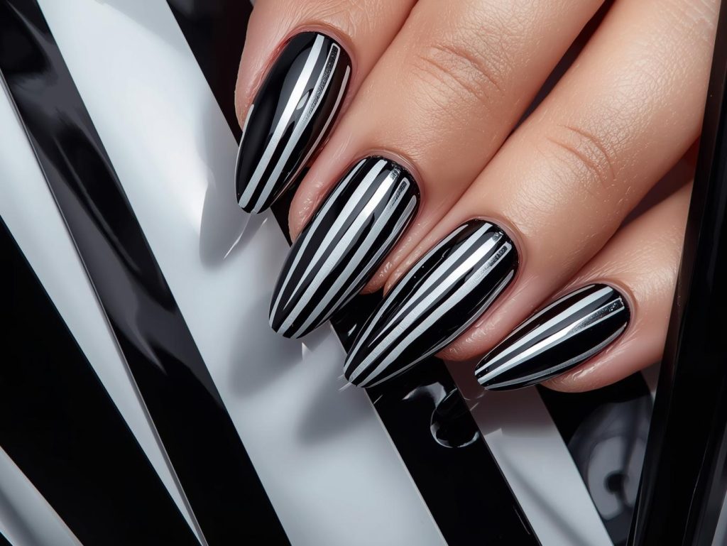 Glossy black white striped nail art with black base.