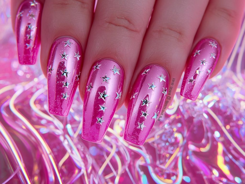 Metallic pink holographic star sticker nail art with pink base.