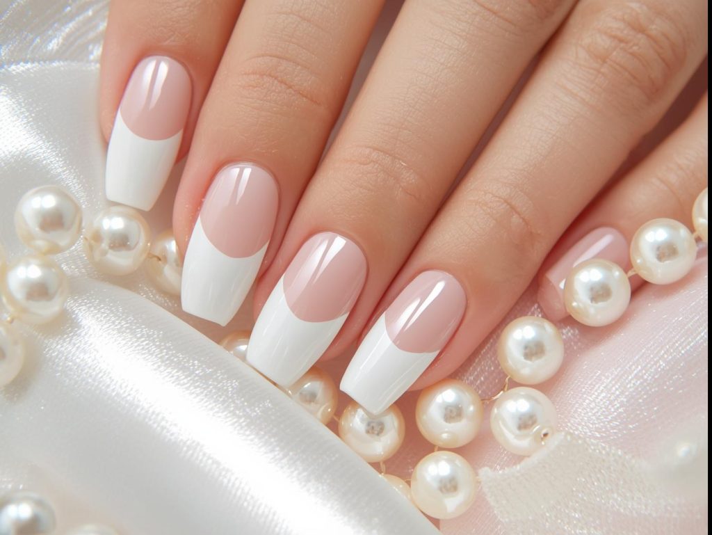 Classic white French tip nail art with glossy finish.