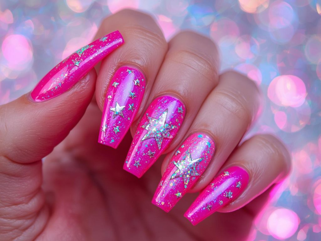 Festival Nail Designs: Vibrant and Pinterest-Worthy Manicures to Adore 5 Neon pink holographic festival star nail art with neon pink base.