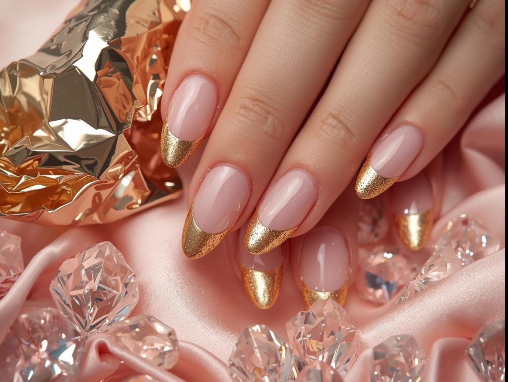 Classic gold French tip nail art with glossy finish.