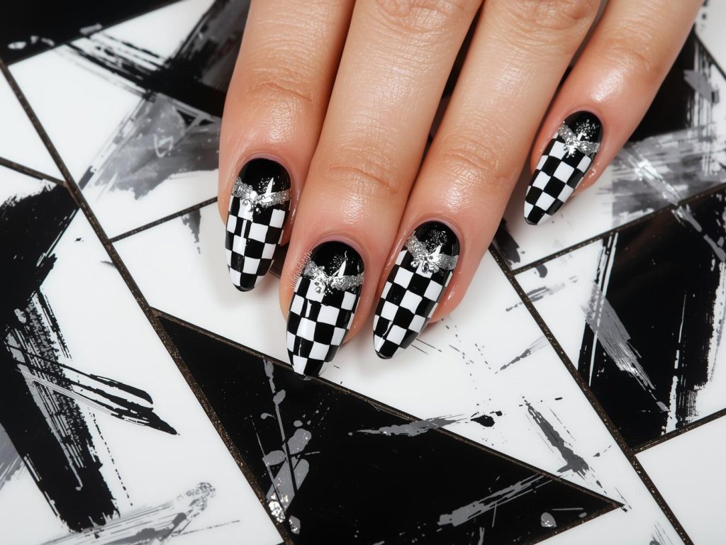 Glossy black and white checkerboard nail art with silver accents.