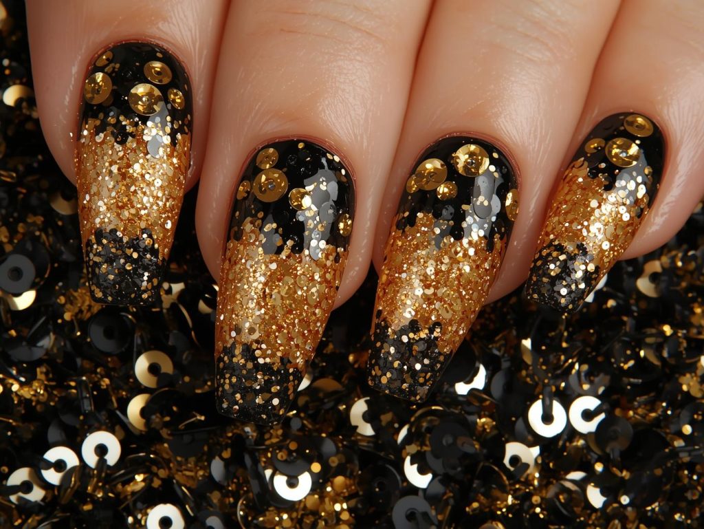 Party Nail Designs: Bold and Pinterest-Worthy Manicures to Adore 5 Glittery gold black sequin nail art with gold base.