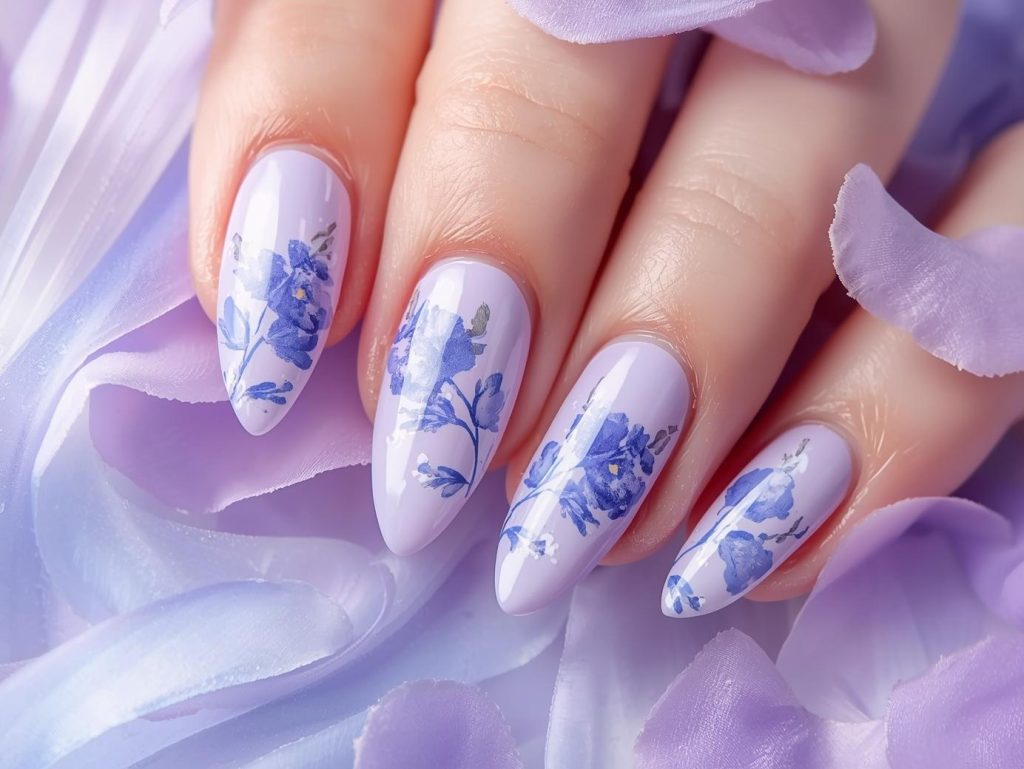 Watercolor Nail Designs: Dreamy and Pinterest-Worthy Manicures to Adore 5 Soft lavender pastel blue watercolor nail art with lavender base.