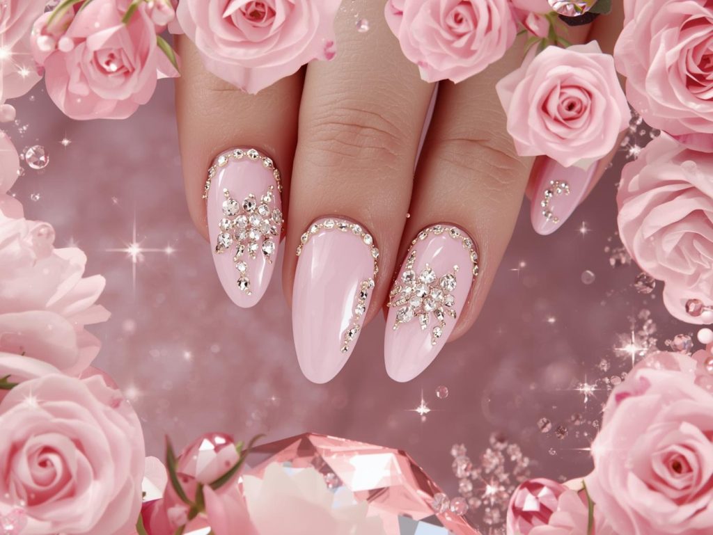 Soft blush pink diamond-like crystal nail art with blush pink base.