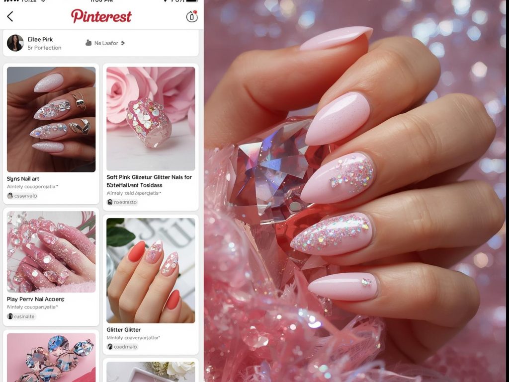 Soft pink holographic glitter accent nail design with pink base on a Pinterest board.
